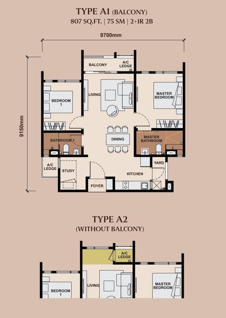 Queenswoodz Type A Floor Plan 807 sqft 2+1 Bedroom