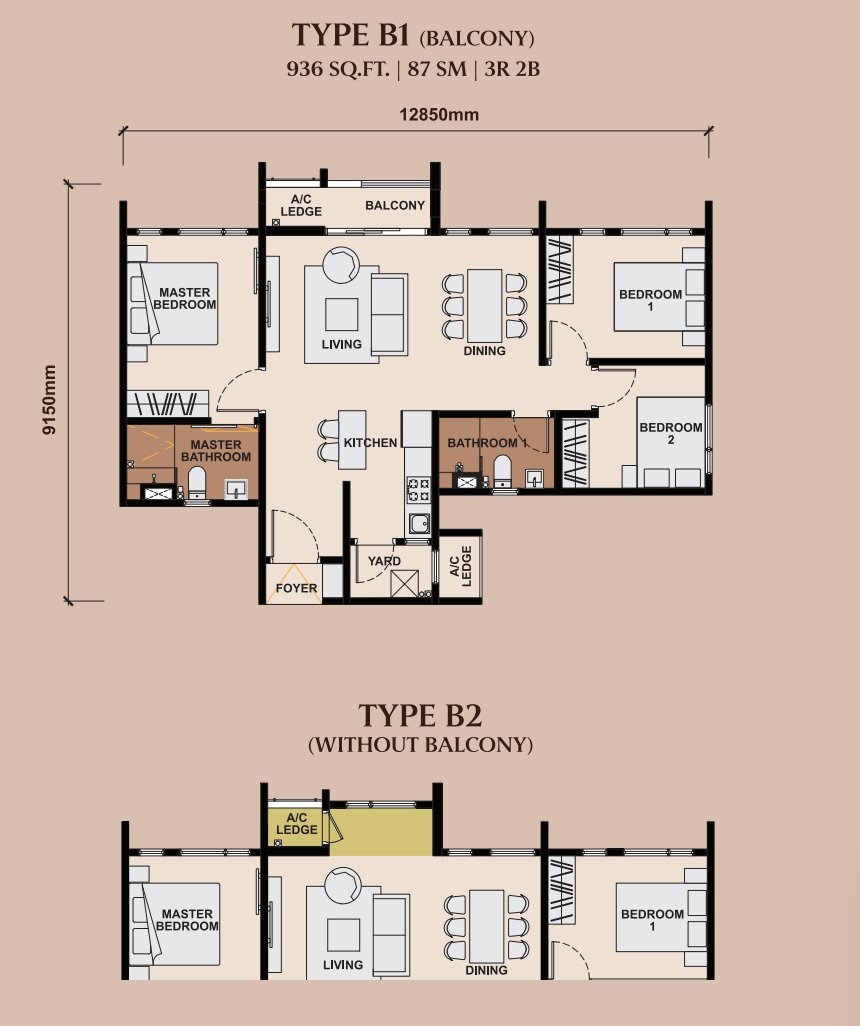 Queenswoodz Type B Floor Plan 1001 sqft 3 Bedroom