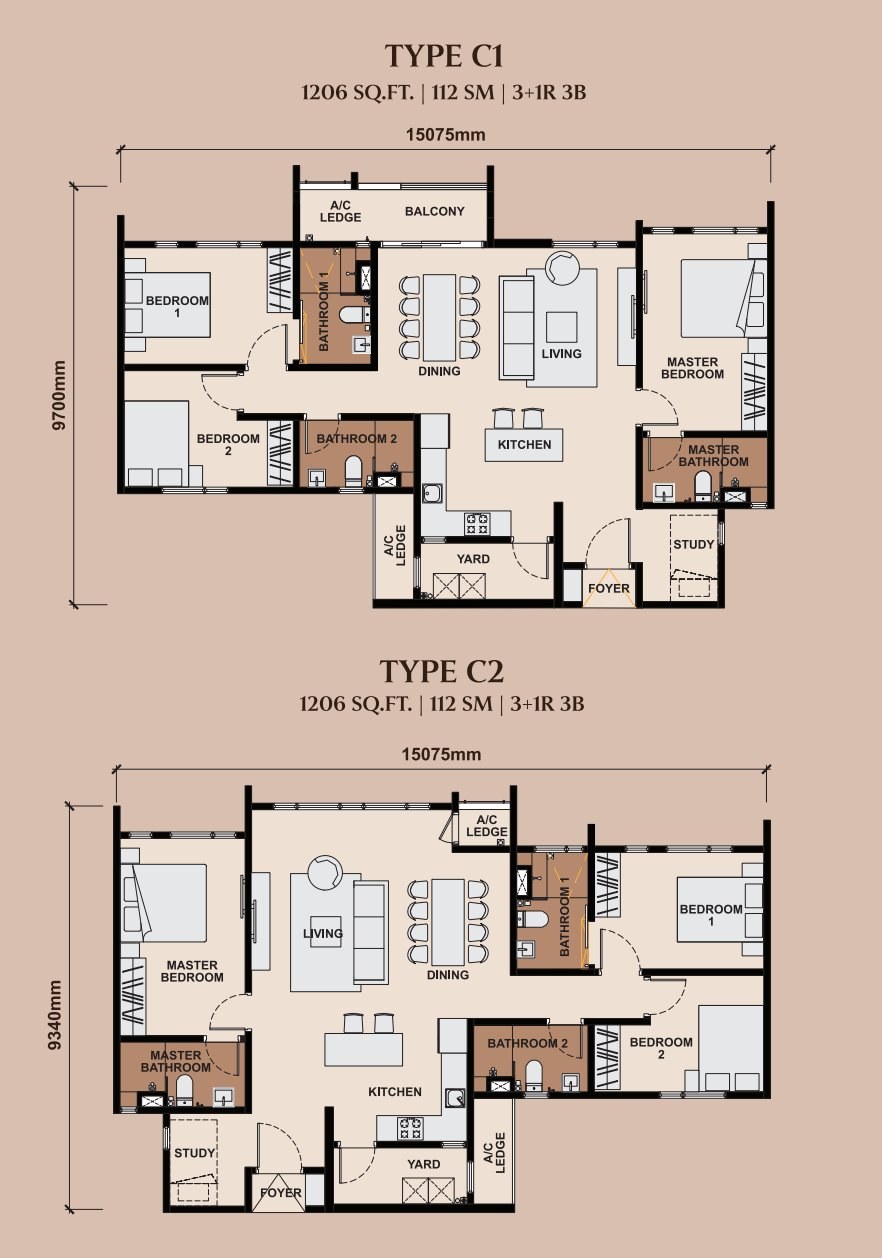 Queenswoodz Type C Floor Plan 1206 sqft 3+1 Bedroom